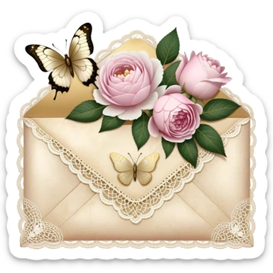 A delicate still life of an aged love letter sealed with golden wax, placed on a vintage lace doily, accompanied by a bouquet of pale pink roses and white peonies, with a shimmering pearl butterfly resting on the envelope. sticker