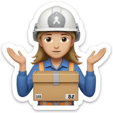 Tengo que dar una capacitacion de orgonomia, necesito un emoji de un operario con pelo largo y casco blanco de manga larga que levante una caja cerrada con las dos manos a la altura de los hombros y que tenga cara de esfuerzo fisico. Que no este saludando, las dos manos sosteniendo la caja.  sticker