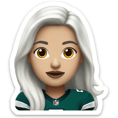 White female long dark hair red lips wearing Philadelphia Eagles jersey sticker