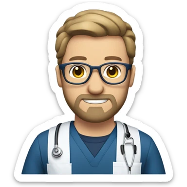 male dark blond with goatee beard doctor with hazel eyes and wire rim glasses in dark blue scrubs holding a large paintbrush and holding a jigsaw  sticker