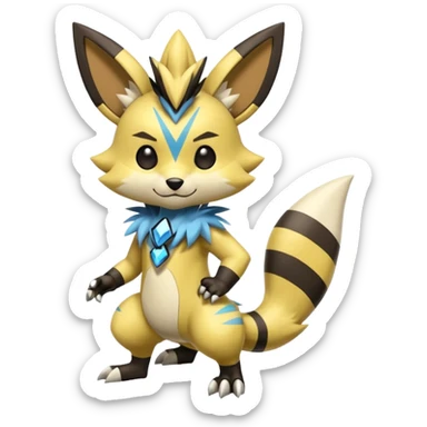 Modern anthropomorphic furry futuristic shiny colorful Zeraora-Minccino-Pichu-Obstagoon-fusion (full body) sticker