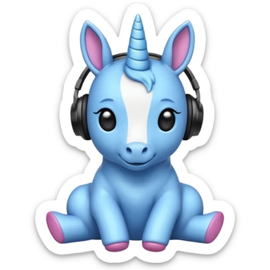Unicornio bebé azul sentado escuchando música con auriculares negros sticker