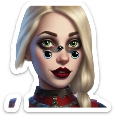 D&D gem collector in Harley Quinn style, oil paint, mysterious eyes, intricate lips, masterpiece portrait, odd perspective, beautiful, desirable, logical sticker