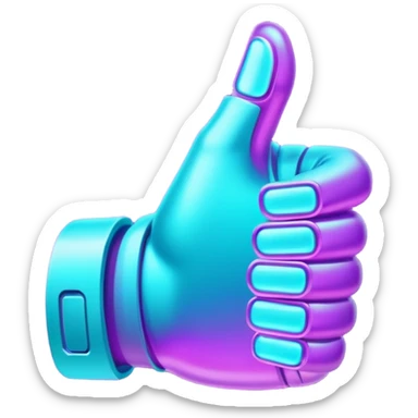 futuristic glowing thumbs up, neon purple and cyan light, dark background, digital tech style sticker