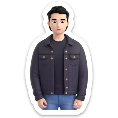 3D emoji Microsoft style, young man with black hair, wearing black t-shirt and black denim jacket, based on photo reference, slight shadow on face sticker