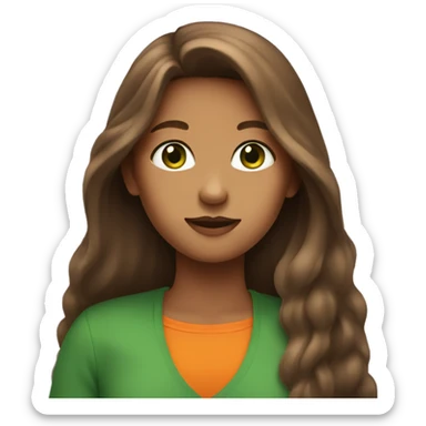 A girl with long brown hair, green and orange eyes take 🤭 sticker