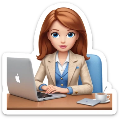 A Barbie girl with blue eyes, shoulder-length reddish-brown hair, made-up, wearing a white tweed jacket and beige skirt, is sitting at a table with a MacBook sticker