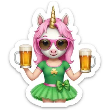 friendly anthropomorphised female unicorn with horse-like face, in tutu and pink t-shirt, wearing dark sunglasses, celebrating St. Patrick's Day sticker