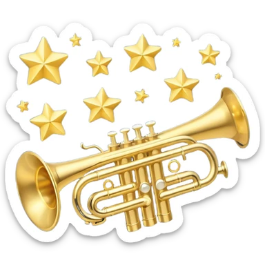 “Flat vector icon of a golden side-view trumpet with three valves, thick outline, on a deep navy blue rounded-square (or circle); 2–3 white or light-blue notes come out of the bell, surrounded by a soft light-yellow glow and a tiny golden star, plus a small speech bubble with the word ‘¡Azúcar!’.  sticker