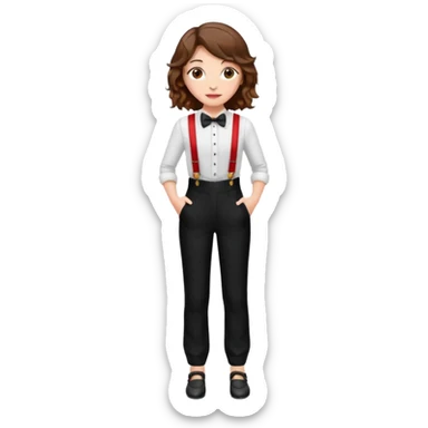Woman with wavy brown hair and hazel eyes wearing black tuxedo pants with red suspenders sticker