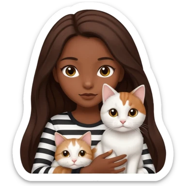 a dark-skinned girl with long brown hair, big brown eyes and a Scottish white cat with black stripes in her hands sticker