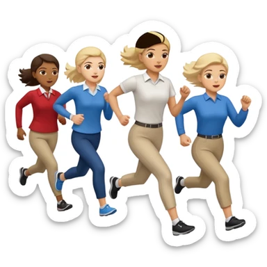 a female co-worker running and other co-workers chasing her -- the other co workers are tiny and in the distance and they are male and female sticker