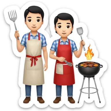 man cooking barbecue full-body black hair light brown skin sticker