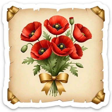 A bouquet of vibrant red poppies tied with a golden ribbon, vintage style, soft warm lighting, delicate details, aged paper background. sticker