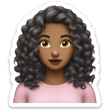 A tan girl with long black wavy-curly hair, brown eyes, long lashes, noticeable blush, pink lips, and a tight grey long-sleeve top. sticker