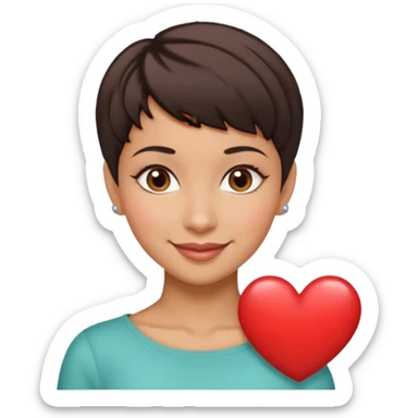 woman pixie cut dark brown hair, hispanic, brown oval eyes, heart shaped face sticker