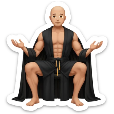 fullbody jacked bald guy, sleeveless and unbuttoned in full black robe sitting sticker