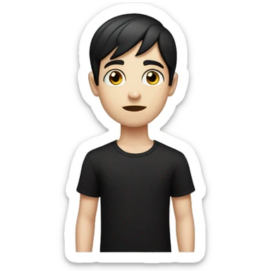 an emoji of a pale skinned boy with short straight black hair and open ears, with black eyes, wearing a basic black t-shirt, serious expression sticker