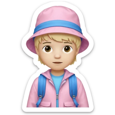 A little boy student white skin, blonde hair, with pink bucket hat, white jacket, blue backpack sticker