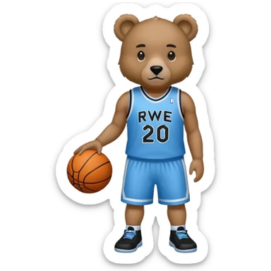 Bear with full body and wearing basketball black and light blue jersey that says RWE  sticker