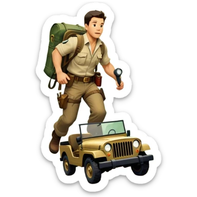 A vintage movie poster-style collage. Include action-packed elements like a treasure map, jungle scenes, a rugged explorer with a compass, and a speeding jeep. Add a shadowy figure resembling Mark Wahlberg in adventurous gear. Dramatic lighting, dynamic composition. Transparent background. sticker