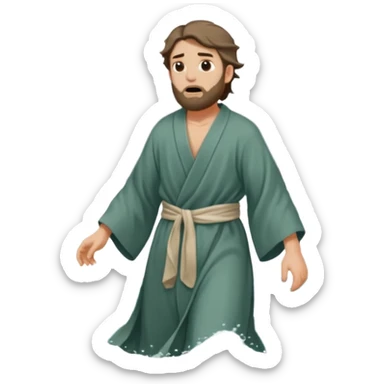 A biblical illustration of Jonah, a weary prophet with simple robes, fleeing towards a stormy seashore. sticker