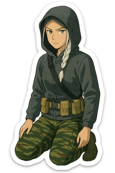 1 female, mid-20's  white hair long braid, gold yellow eyes, gray waterproof tactical shirt hoodie, hood up, single point sling, tan mag pouches on belt rig, tiger stripe camo pants, kneeling, stern focused expression sticker