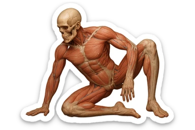 CORPO UMANO ANATOMICO REALISTICO CHE SVOLGE UN ESERCIZIO DI MOBILITà ALLE ANCHE, iperrealistico 4k sticker