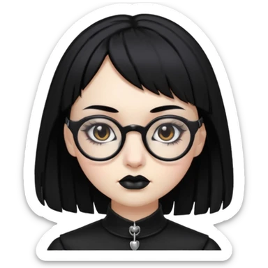 Faça uma moça de cabelo preto micro franja e pálida e com maquiagem gótica pesada olhos castanhos escuro e óculos  sticker