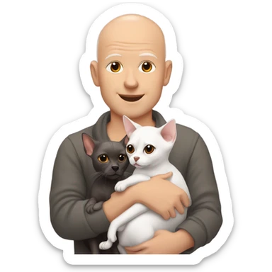 White, bald man is holding a grey, small sphinx cat and woman with dark, straight hair is holding orange, fluffy Pomeranian dog sticker
