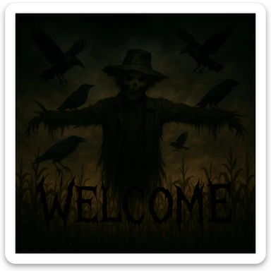 Add the word 'Welcome' in creepy, horror-themed text, integrated into the scarecrow cornfield banner. The text should have a creepy, unsettling style that fits the eerie cornfield and scarecrow theme. sticker
