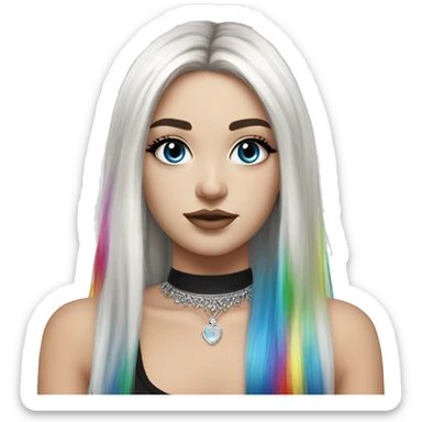 Hyperrealistic white girl with blue eyes and long black hair with rainbow fringe. Wearing cute black & silver choker necklace has dark eye makeup on her eyes sticker
