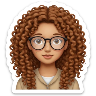 make a really curly hair, teen girl with glasses and little acne that looks like freckles longer like more than shoulder lengthcurly hair, and pretty withe makeup on giving clean girl vibes, and make her have tan skin more blush and really pretty, and the har is really really long

 sticker