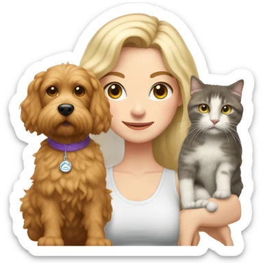 white woman with long blonde hair and cat shaped eyes wearing a yoga outfit standing alongside a tri-colored bernadoodle dog sticker
