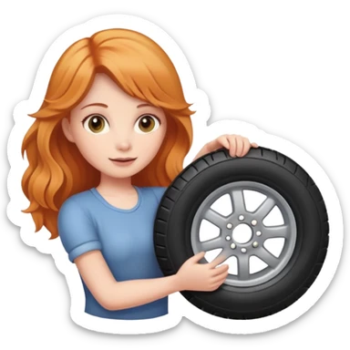 Strawberry blonde girl holding a tire sticker