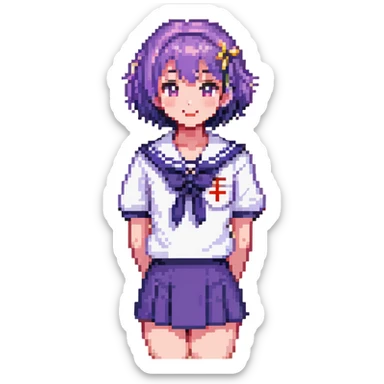 Pixel art anime girl with short bright purple hair wearing Japanese sailor style school uniform, composed posture with hand on hip but shyly waving with other hand, blushing face and timid smile, very shy expression sticker