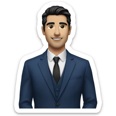 Handsome male, black hair, wearing dark blue suits, Background with buildings, white skin, pampadour cut with fade, Blue color background sticker