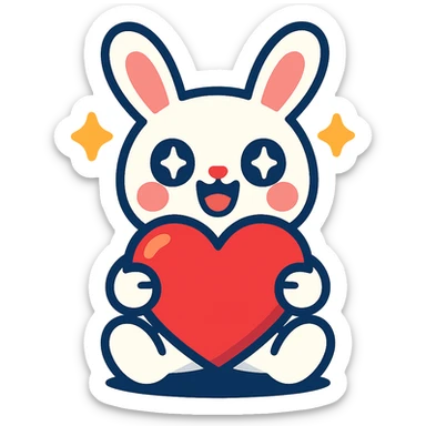 white bunny holding a big heart with sparkling eyes, vibrant-toon style sticker
