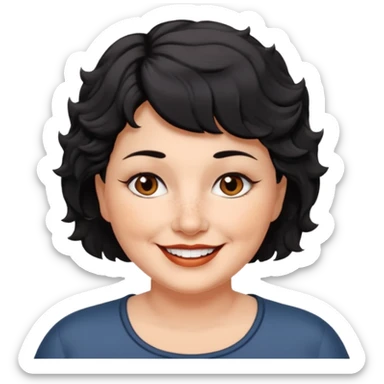 woman 60, brown eyes, very short black wavy wolf cut hair, chubby smile no lipstick sticker