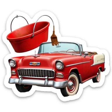 1955 Chevrolet Bel Air Convertible, Red-White color, with a bucket of brown mud pouring down on it, and the car itself is covered in brown mud on the sides that has stuck. 32x32 pixels, aspect ratio: 1:1 sticker