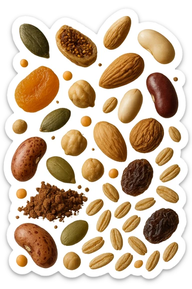 semi, frutta secca, legumi, cereali integrali, cacao amaro fluttuano in aria , iperrealistici 4k sticker