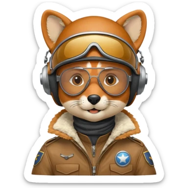 renard aviateur, casque en cuir, écharpe blanche, lunettes "climax" sur le casque au dessus des yeux, blouson aviateur sticker