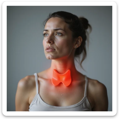 realistic woman with non-functioning thyroid highlighted in red on the neck, tired expression, anatomical focus on thyroid area, hyperrealism, 4K, neutral background sticker
