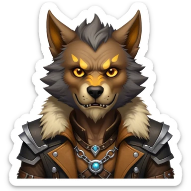 Cinematic Realistic WoW Worgen Portrait, head tilted epicly and inquisitively, showcasing the striking fusion of human intellect and beastly ferocity. His rugged fur and tanned skin, accented by piercing amber eyes and meticulously rendered worn leather garments, are bathed in dynamic lighting, high shine, epic and awe-inspiring, capturing the relentless spirit of a worgen at the apex of his power. sticker