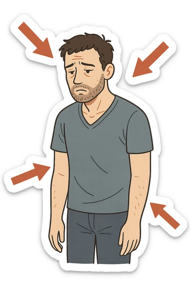 uomo con testosterone basso con freccie rosse ad indicare sticker