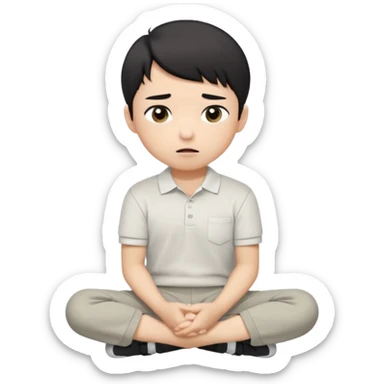 A cartoon young Asian boy with short black hair, light beige skin, and large expressive eyes, wearing a white polo shirt, gray pants, and black shoes. He sits cross-legged on the ground, one fist resting on his cheek, with a closed-mouth smirk. Clean lines, flat colors, solid black background. sticker