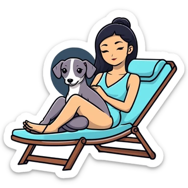 Very thin Chinese woman with long black hair relaxing on a spa lounger with exactly ONE Italian greyhound. CRITICAL REQUIREMENT: the dog must be ONE SOLID DARK CHARCOAL GREY COLOR from nose to tail with NO WHITE or LIGHT AREAS anywhere - NO white face, NO white muzzle, NO white chest, NO white paws, NO white tail tip - NOTHING BUT A SINGLE SHADE OF DARK GREY throughout the entire animal sticker