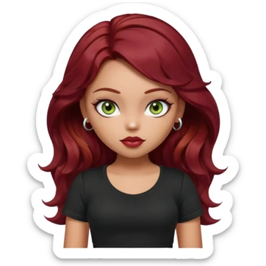 a pretty fair bratz girl with wavy dark red hair, wearing a black tee. eyeliner on, olive green eyes. Till stomach sticker