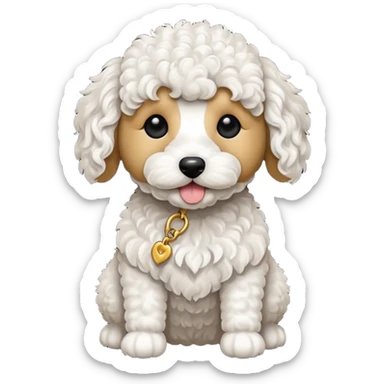Can you make me an emoji of a very white mini goldendoodle no brown in his fur that looks at more poodle with black eyes? sticker