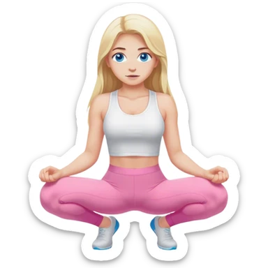 Cinematic realistic blonde with long hair and blue eyes, dressed in a white top and pink leggings, squats sticker